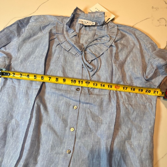 HARSHMAN X-S Linen Blue Striped Blouse with Ruffle Collar - Picture 7 of 8